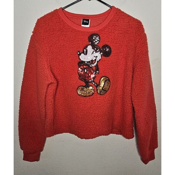 Disney Mickey Mouse Juniors Red‎ Sequined Sherpa Sweater Size M 7/8 - Picture 1 of 6